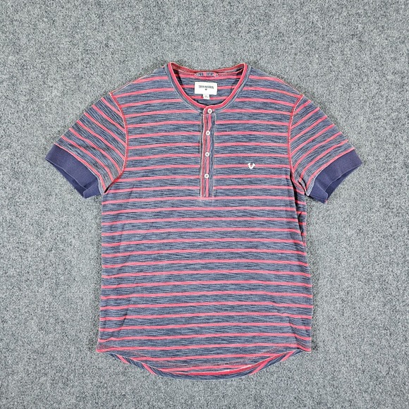 Y2K True Religion Striped Button Short Sleeve T Shirt Red/Black Men's SIze Small - Picture 1 of 6